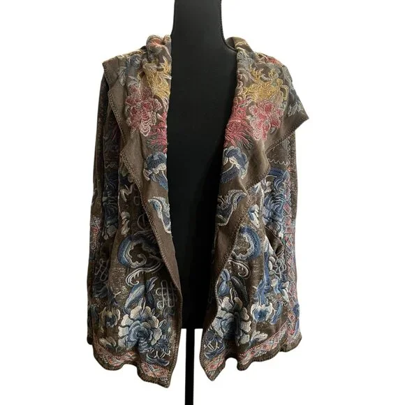 Pre owned Johnny Was BIYA Srika Khaki Green Shimmer Sueded Embroidered Hoodie - Picture 2 of 16